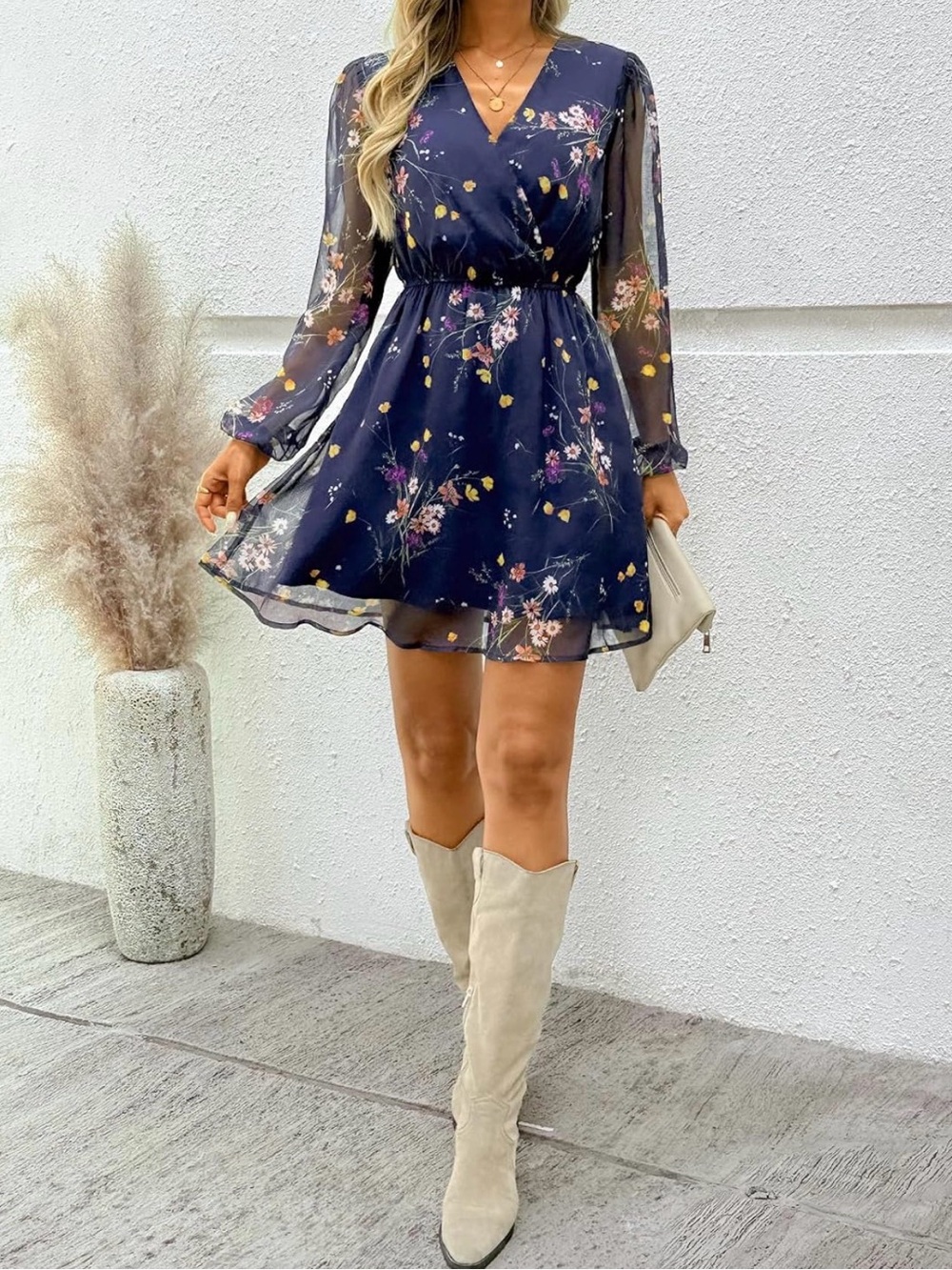 Navy Floral V-Neck Long-Sleeve Mini Dress